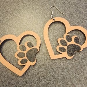 Wooden Heart Shaped Dog Paw Dangle Earrings